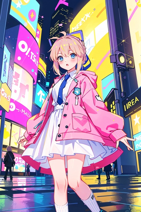  Ultra-high resolution, cinematic lighting,Woman wearing pink raincoat in Times Square,xxmix_girl,more detail XL, blue medium hair, artoria pendragon \(fate\), yinyou,yinyou color