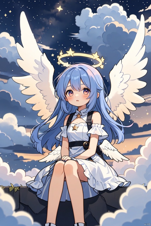  blurry foreground with drifting clouds. in the background, a girl with angel wings and halo, sitting among clouds. her dress is made of clouds and dotted with little stars. The whole atmosphere of the picture is serene and dreamy, evoking a sense of nostalgia and magic. very aesthetic., loli, texas \(arknights\)