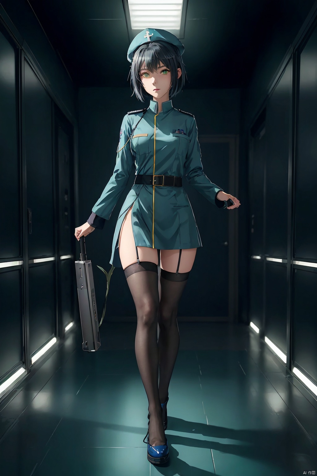 A woman wearing military medical attire, blue-green nurse uniform, medium length short hair, gloomy and angry expression, blue nurse hat, beautiful anime portrait, black stockings, five toes, foot vision, trampling perspective, being stepped on, digital anime illustration, beautiful anime style, fantasy medical worker, anime illustration, anime fantasy illustration, beautiful character painting, pop art, (\ personality \), w_ (Arknights), 1 girl, green eyes, (trampling), ((poakl))