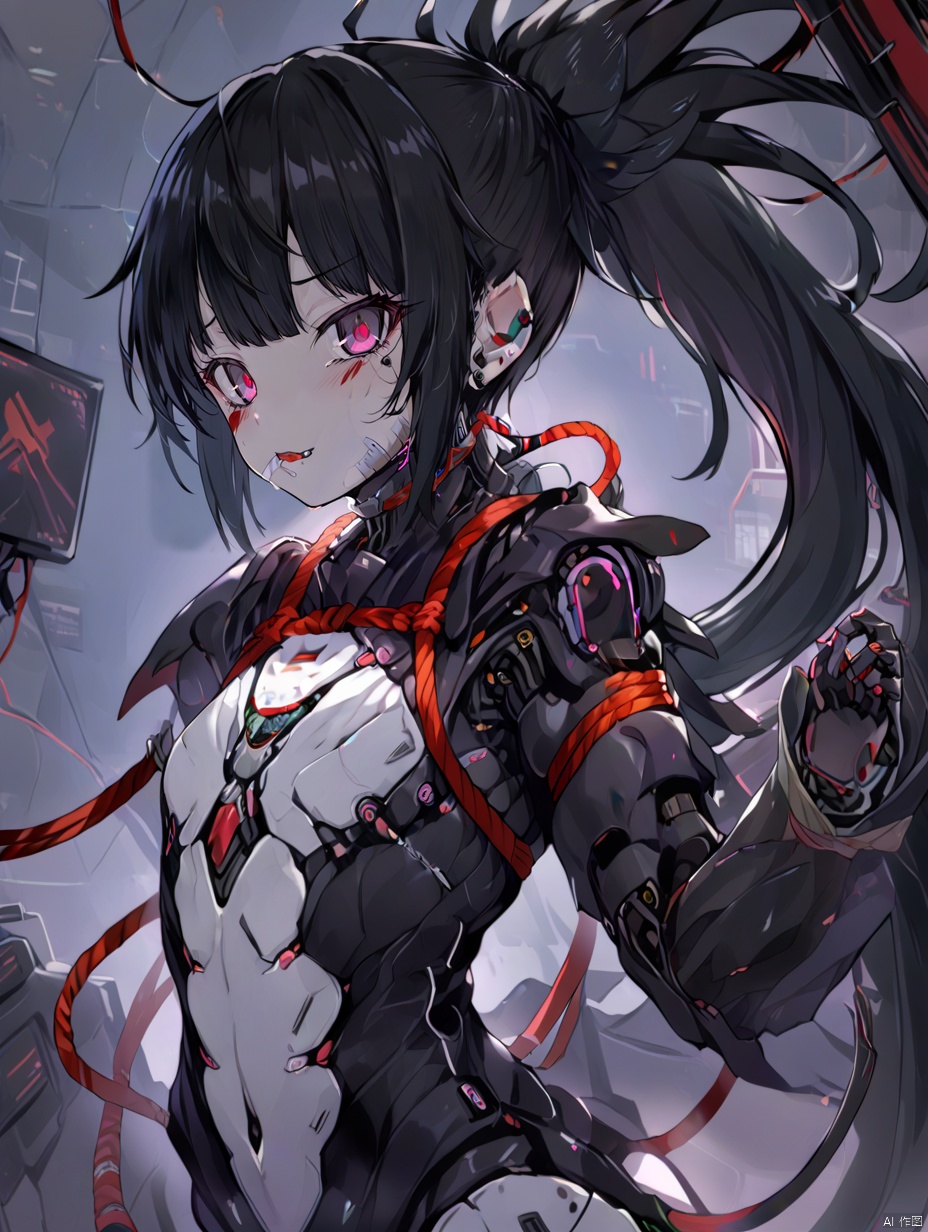  gzly,1girl,solo,cyberpunk,ponytail,looking at viewer,black hair,science fiction,upper body,joints,masterpiece, best quality, Mecha, Illustration, circuitboard, loli, Rope bondage and blake tape gag, BRS0, anhei