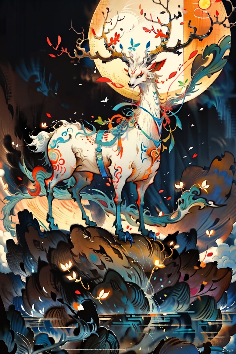  The image is an abstract digital illustration of a white deer with a curled orange ribbon around its neck, standing on a golden hillside with a brown background. The deer is facing the right, its front right leg bent and its left leg stretched forward. There is a large moon behind the deer, and it is surrounded by white clouds. The background is a gradient of brown and orange, with green waves in the foreground.
, shanhaijing