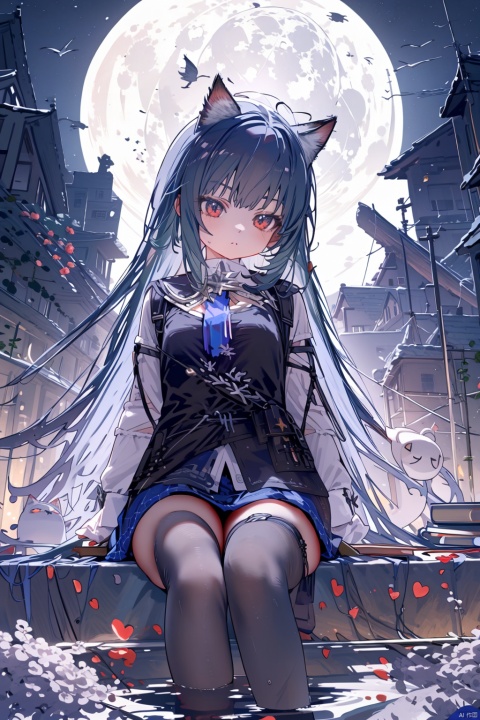  (best quality),(masterpiece),1girl, book, solo, long_hair, animal_ears, thighhighs, toeless_legwear, moon, red_eyes, twintails, tree, hood, ripples, reflection, very_long_hair, night, water, skirt, full_moon, open_book, cat_ears, garter_straps, low_twintails, texas_the_omertosa_(arknights)