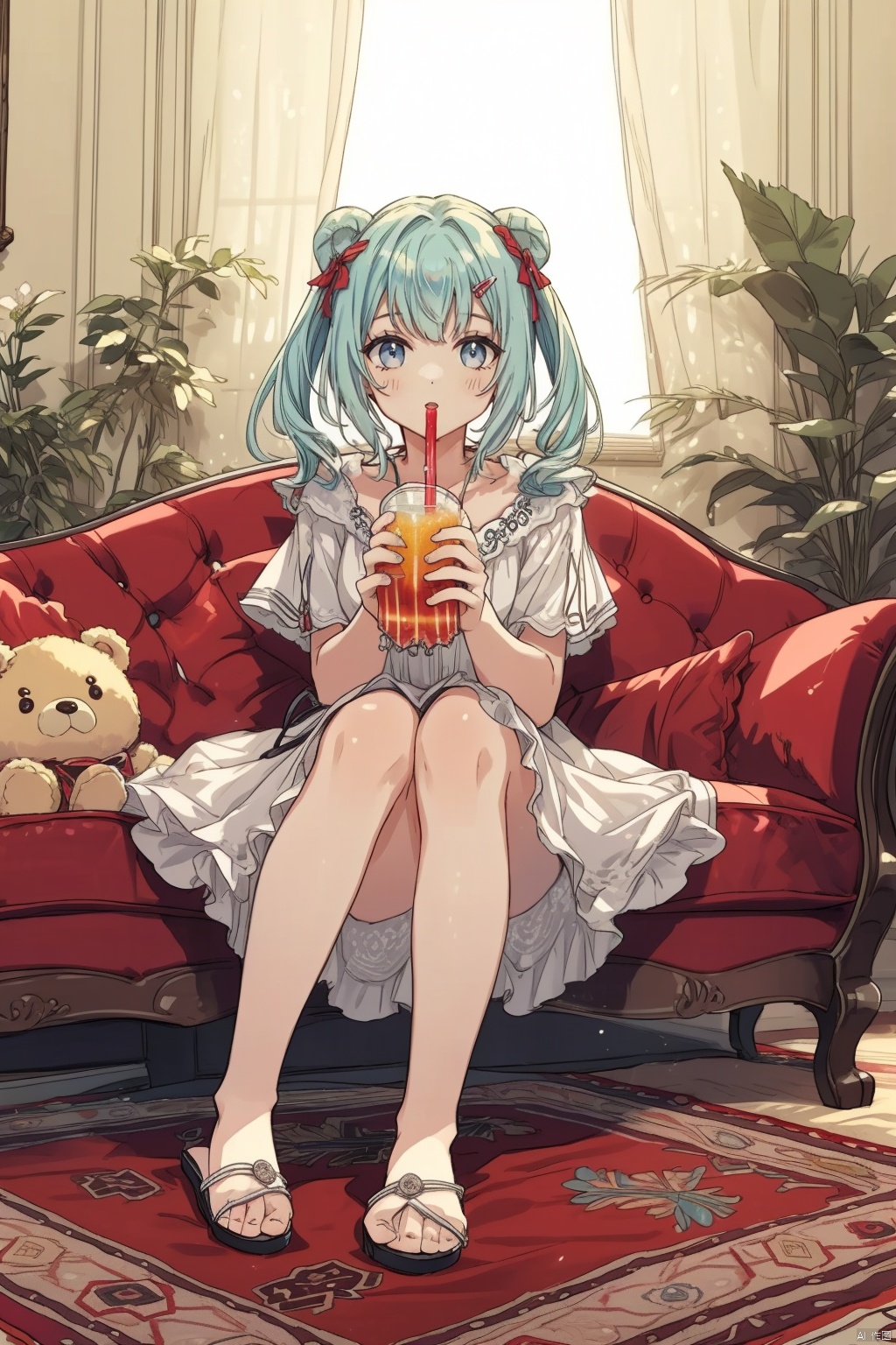  masterpiece, panorama,1 girl, cute, solo focus, long curly hair, light blue hair, happy face, delicate dress, hair spin, ((sitting on sofa)), slippers, a delicate sitting room, deep of field, a photo frame on the wall, velvet curtains, sofa in modern minimalist style, Stuffed toys on the floor,drinking soft drink,((carpet)) on the floor, game consoles scattered on the floor, summer holiday, drinking soft drinks, beautiful flowers around her, backlight, mLD, cozy anime, (\ji jian\), akebi komichi, green eyes, ceobe_(arknights), gummy_(arknights)