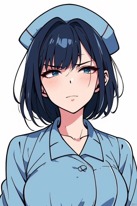  a woman in a nurse uniform, blue green nurse suit, short black hair, innocent expression, blue nurse hat, beautiful anime portrait, digital anime illustration, beautiful anime style, fantasy medical worker, anime illustration, anime fantasy illustration, beautiful character painting, trending on artstration,（\personality\）, w_(arknights), smug