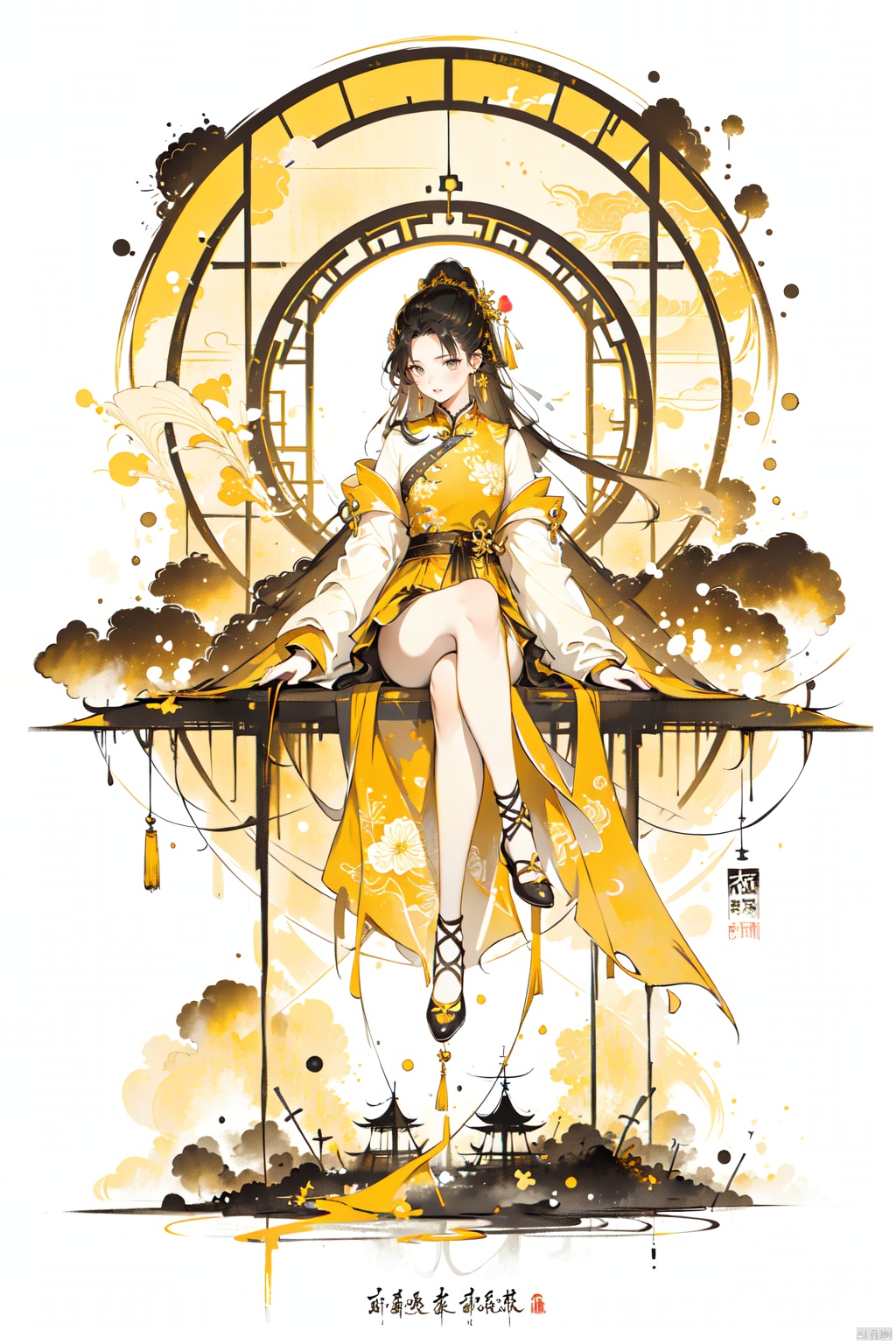  best quality, amazing quality, very aesthetic,1girl, high_heels, long_hair, sketch, monochrome, shoes, skirt, yellow_theme, yellow_background, sitting, solo, guoflinke, Ink scattering_Chinese style,yjmonochrome