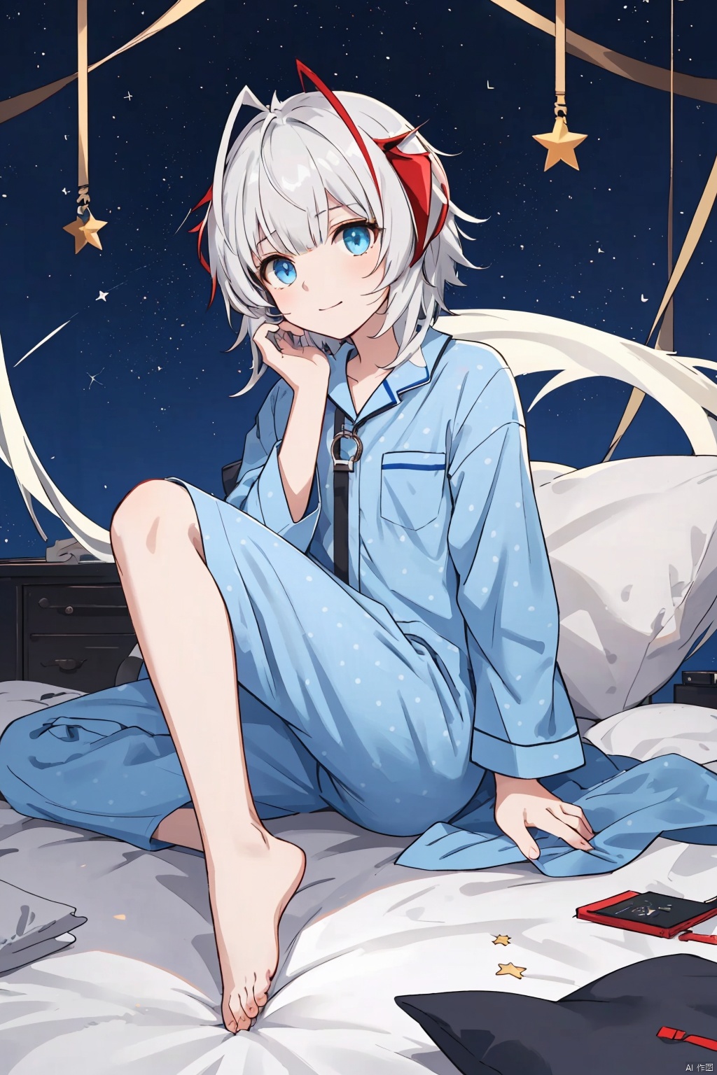  anime,8K,boy,Sixteen years old,whiter hair,blue eye,barefoot,Blue pajamas, Holding a five pointed star in hand, decorated with stars, dotted with dots, w_(arknights)