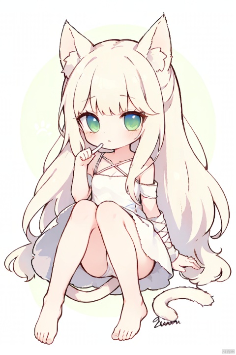 QB, chibi, 1girl, colored eyelashes, animal ears, braces, long hair, green eyes, white dress, dress, sleeveless dress, barefoot, super long hair, bandages, earphones, sitting, wrapped arms, animal ears fluff, Cat's ears (Steamed cat-ear shaped bread), no underpants, looking at the audience, solo, sleeveless, artist name, bare shoulders, feet, tail, finger to mouth, toes, bangs, animals, cat tail, cat girl, shush, collarbone, small breasts, wrapped hands, index finger raised, signature, breasts, soft, green eyes, platinum_(arknights)