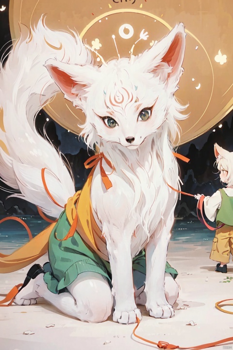  The image is an illustration depicting a white fox and a small boy. From a lighting perspective, the distribution of lightiseven,with适度的明暗对比, allowing the outline of the white fox and the boy to be clearly seen. In terms of color, the overall color is dominated by white and brown, giving a warm and comfortable feeling. In terms of style, the painting employs the realistic painting technique, making every detail of the image come alive.

In terms of quality, the lines are delicate,thecolorsare饱满, and the details are handled withcare,indicatingthe画家's high level of skill. The portrayal of the boy in the picture is particularly well done, with the boy dressed in yellow shorts and a green vest, holding a yellow string that is tied to a red bell, making the scene more lively and interesting.

From a style perspective, the style of the picture leans towards fairy tale and fantasy, giving a mysterious and dreamlike feeling. The white fox's eyes seem to be looking at the boy, giving a warm and friendly feeling, while the boy's eyes are filled with curiosity and anticipation, givingalivelyand开朗的感觉.

Overall, the picture's lighting, color, style, quality, and portrayal of characters, objects, clothing, actions, expressions, and psychological states are all handled well, making it an excellent illustration.
