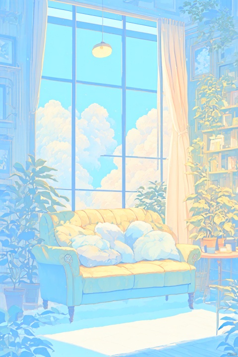  cloud, window, curtains, sky, no humans, plant, scenery, indoors, chair, couch, day, blue sky, book, potted plant, table, pillow, cloudy sky, lamp, painting \(object\), leaf, shelf, picture frame, watercolor \(medium\)