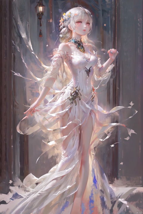  The painting depicts a female character dressed ina华丽 blue and white gown. Her hair flows gracefully behind her shoulders, resembling a silvery river under the moonlight, radiating a silver-gray shine. Upon her head, she wears an exquisite headdress adorned with blooming flowers, complementing her elegant demeanor.

She stands in an indoor setting, as if immersed in an ancient and mysterious chamber. In the background, a half-open window allows a soft moonlight to penetrate, adding a hazy poetic touch to the entire scene. Beside the window, a classically styled lamp stands gracefully, emitting a gentle glow that illuminates her face and gown.

Her gown is the focal point of the painting, crafted from varying shades of blue and white, resembling the interplay of stars and clouds in the night sky. Decorated with star patterns, each star seems to shimmer with a unique radiance, adding a mysterious and elegant touch to her appearance. She stands tall and straight, her gaze soft and profound, as if narrating an ancient and beautiful legend., qingyi, meiren-red lips