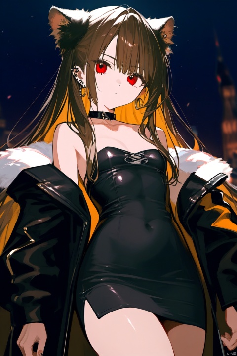 1girl, bangs, black_dress, blurry, blurry_background, blurry_foreground, breasts, brown_hair, center_opening, choker, depth_of_field, dress, ear_piercing, fire, fur-trimmed_jacket, fur_trim, jacket, long_hair, long_sleeves, looking_at_viewer, medium_breasts, motion_blur, navel, piercing, red_eyes, revealing_clothes, solo, strapless, strapless_dress, sword, very_long_hair, yu_mei-ren_\(fate\)