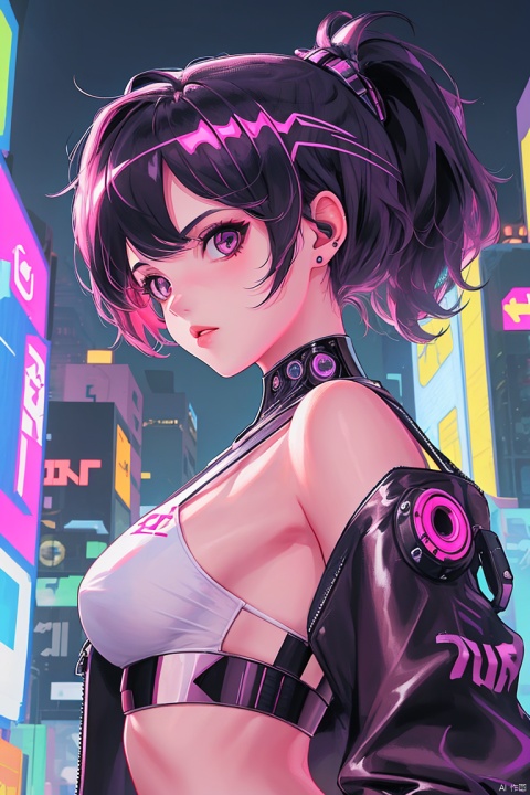  gzly,1girl,solo,cyberpunk,ponytail,looking at viewer,black hair,science fiction,upper body,joints,masterpiece, best quality, yinyou