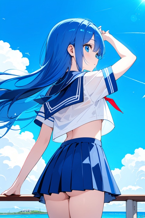  best quality, amazing quality, very aesthetic, absurdres,1girl, solo, long_hair, skirt, blue_eyes, blue_hair, very_long_hair, school_uniform, short_sleeves, serafuku, looking_at_viewer, sky, shirt, sailor_collar, white_shirt, cloud, blue_sky, blue_skirt, arm_up, day, looking_back, bangs, blue_sailor_collar, hair_between_eyes, from_behind, cowboy_shot, black_skirt, shiny_hair, midriff, standing, outdoors, miniskirt, shiny, floating_hair, parted_lips, crop_top