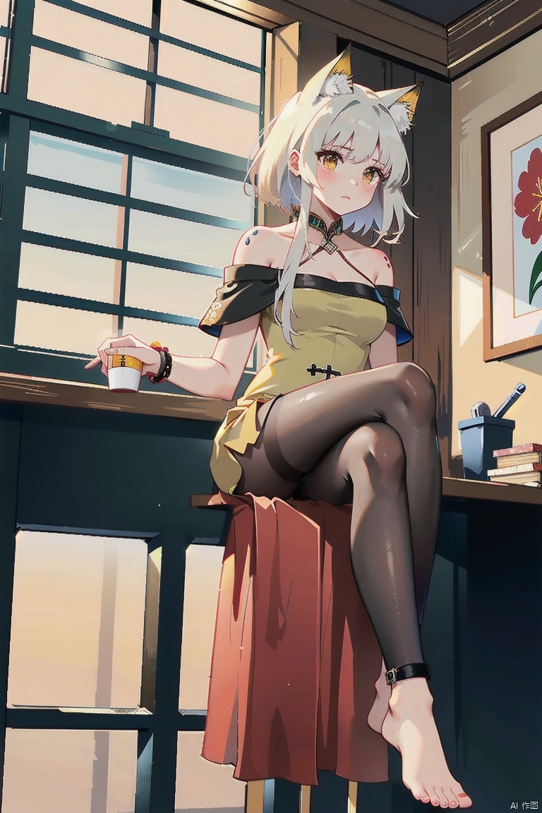  A girl, {feet on the table}, sitting with her whole body, feet, toes, legs, crossed legs, arms crossed, black pantyhose, ****, foot focus, no shoes, Dutch horn, looking at the audience, office chair, sharp eyes, long hair, smooth skin, solo, window, blinds, Asian beauty wearing black stockings, short skirt, casual colored clothes, her own shoulder skirt, sitting Asian beauty. Qiu Ying's works are simple Chinese paintings with simple lines. He is a master of ancient Chinese painting, known for his ink wash, oriental style, traditional clothing, line art, abstract art, and yellow rice paper. Gu Kaizhi and Wu Daozi focus on artistic conception, with simple backgrounds and diverse styles. He has a certain artistic atmosphere and high-end flashlight effects, KNOTBLOUSE