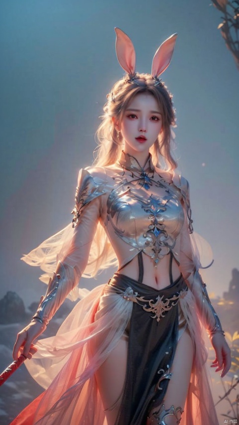  masterpiece,best quality,extremely high detailed,intricate,8k,HDR,wallpaper,cinematic lighting,(universe:1.4),dark armor,glowing eyes,anthropomorphic rabbit mecha,holding a sword,red jewel on sword, xiaowu, Gauze Skirt
