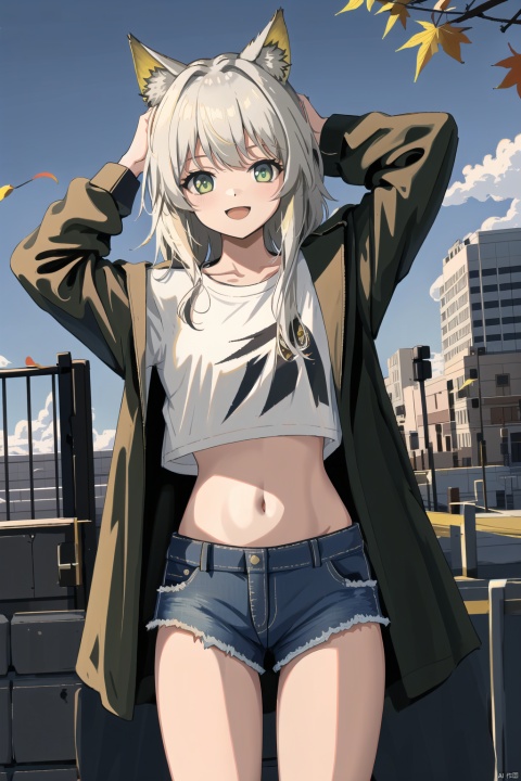  1girl, solo, long hair, breasts, looking at viewer, smile, open mouth, bangs, shirt, long sleeves, navel, holding, standing, yellow eyes, white shirt, white hair, :d, thighs, cowboy shot, outdoors, sky, shorts, day, midriff, cloud, stomach, arms up, blue sky, crop top, black shirt, short shorts, leaf, sunlight, denim, building, blue shorts, denim shorts, autumn leaves, crop top overhang, cutoffs, falling leaves, green eyes, sexy jeans, ((poakl))