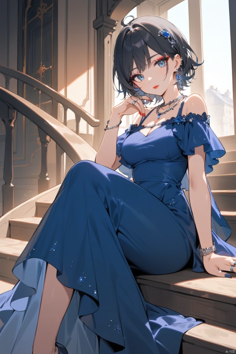  1girl, solo, breasts, looking at viewer, short hair, blue eyes, black hair, dress, jewelry, sitting, earrings, necklace, makeup, blue dress, ring, lipstick, stairs, long dress, red lips, Lappland
