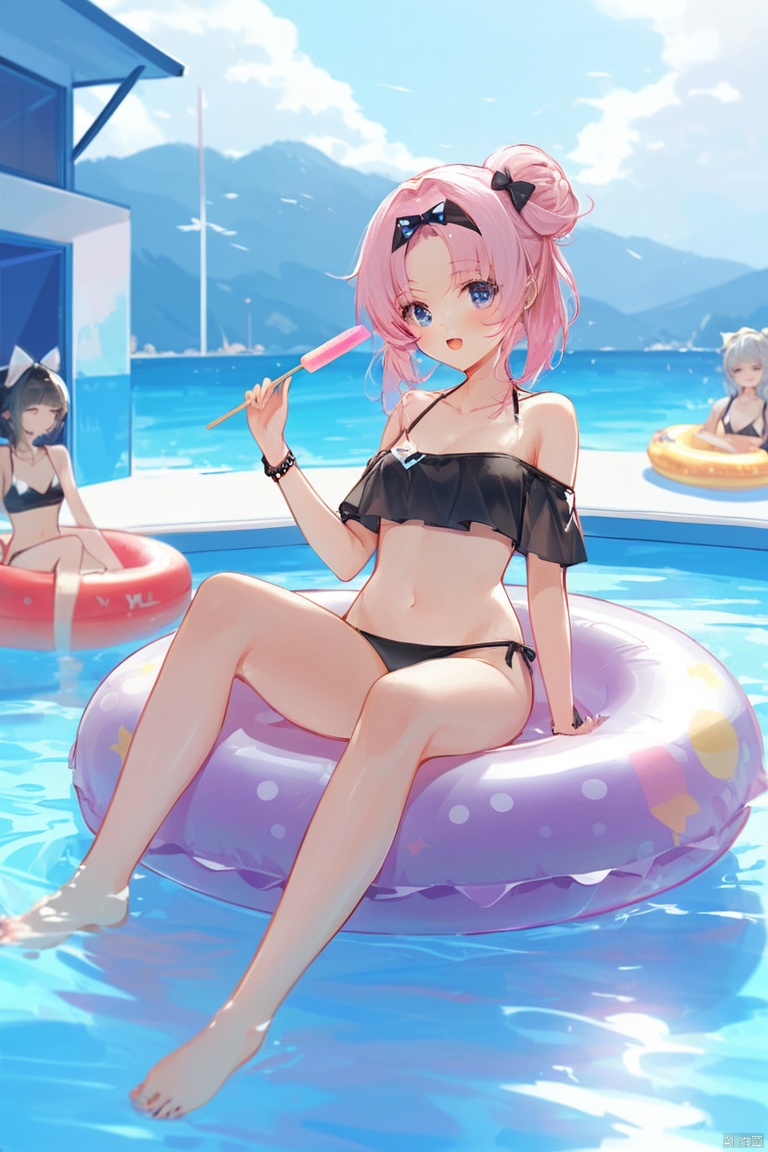Masterpiece, best quality, high quality, (color), [artist Miwano Lager], [artist Chen Bin], nai3 style, [artist wlop], artist kinty, 1 girl, solo, hair bun, swimsuit, inner tube, bow, black bow, forehead, swimming circle, looking at the audience, long hair, water, navel, hair bow, foot, black bikini, open mouth, barefoot, bare shoulder, wave point, popsicle, powder blusher, ****, toe, chest, pleated bikini, clavicle, side lock, hem, small chest, thigh, wrist hairband, texas \(arknights\), Omertosa, ((poakl)), gotou hitori,pink tracksuit, yyy