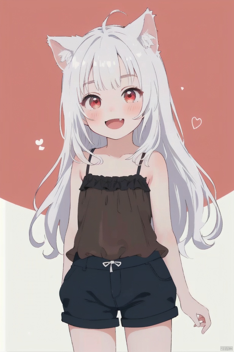  ultra-detailed,(best quality),((masterpiece)),(highres),original,extremely detailed 8K wallpaper,(an extremely delicate and beautiful), anime, \\, BREAK 1girl, long hair, white hair, virtual youtuber, open mouth, cat ears, fang, smile, blush, camisole, shorts, solo, bangs, very long hair, shirt, looking at viewer, :d, skin fang, ribbon, red eyes, simple background, ((young teenage girl)), ((petite)), dino, ears down, ((poakl)), Detail, shuixia