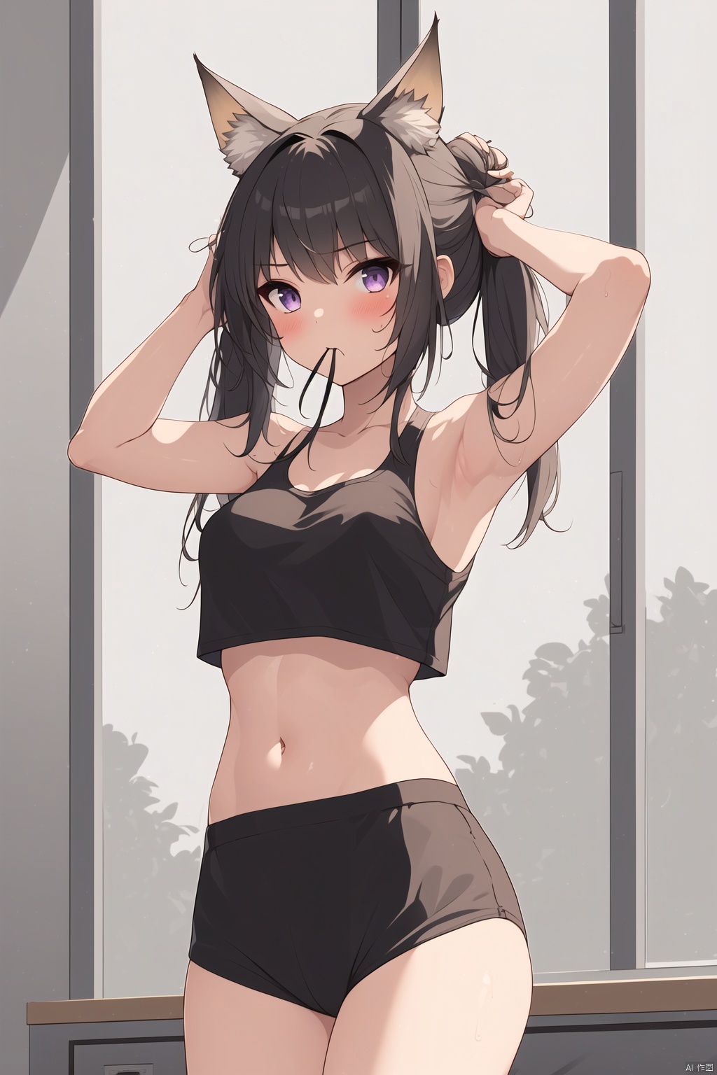  1girl, solo, long hair, breasts, blush, bangs, shirt, black hair, navel, bare shoulders, twintails, medium breasts, standing, purple eyes, thighs, cowboy shot, sleeveless, midriff, indoors, armpits, stomach, arms up, crop top, bare arms, window, sleeveless shirt, mouth hold, arms behind head, buruma, tying hair, locker, hair tie in mouth, sports bikini, green eyes