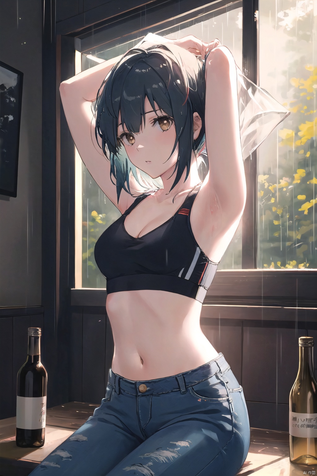  1girl, solo, long hair, breasts, black hair, navel, cleavage, brown eyes, medium breasts, sitting, midriff, pants, indoors, armpits, bra, blurry, arms up, lips, bottle, denim, arms behind head, jeans, sports bra, realistic,(rainning:1.3), ((poakl)), oyama_mahiro, Rin_CYQL, hinata\(boruto\), w_(arknights)