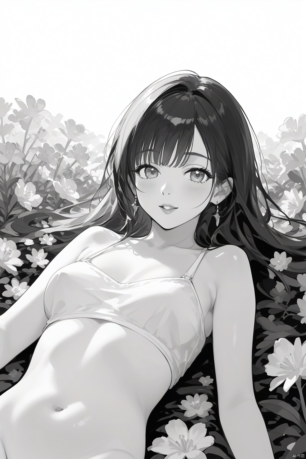  fine art, line art, 1girl,lying, flowers style,flowers cover body,