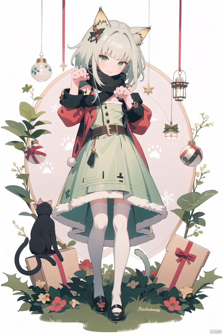  Tendou Alice,(loli:1.2),long hair,(paw pose:1.4),scarf,strap slip,full body,(white silk stockings:1.3),(Cat paw gloves:1.3),White background,(Merry Christmas!), green eyes, hydress-hair ornaments