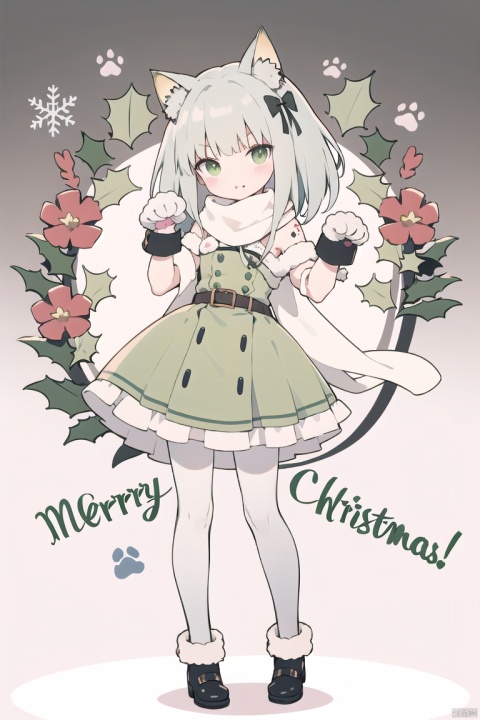  Tendou Alice,(loli:1.2),long hair,(paw pose:1.4),scarf,strap slip,full body,(white silk stockings:1.3),(Cat paw gloves:1.3),White background,(Merry Christmas!), green eyes