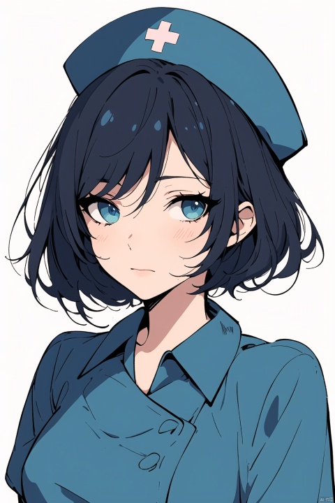  a woman in a nurse uniform, blue green nurse suit, short black hair, innocent expression, blue nurse hat, beautiful anime portrait, digital anime illustration, beautiful anime style, fantasy medical worker, anime illustration, anime fantasy illustration, beautiful character painting, trending on artstration,（\personality\）