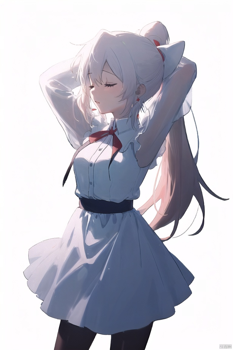  masterpiece,best quality,high quality,(colorful),[Artist miwano rag],[Artist chen bin],[Artist wlop], Artist DIno, solo, 1girl, white background, closed eyes, long hair, simple background, jewelry, earrings, dress, breasts, very long hair, white hair, ponytail, arms up, white dress, parted lips, armpits, cross, small breasts, blunt bangs, cowboy shot, yyy, blackpantyhose, oyama_mahiro