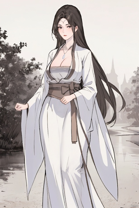  solo,highly detailed,(best quality),((masterpiece)),1girl,black hair,simple_background,long hair,hanfu, peiyuhan,cleavage,necklace,looking_at_viewer,fully_body,white backbackground,missionary,foot,no shoes,white clothes,((tall female)),hair pulled back, ((poakl)), fantasy