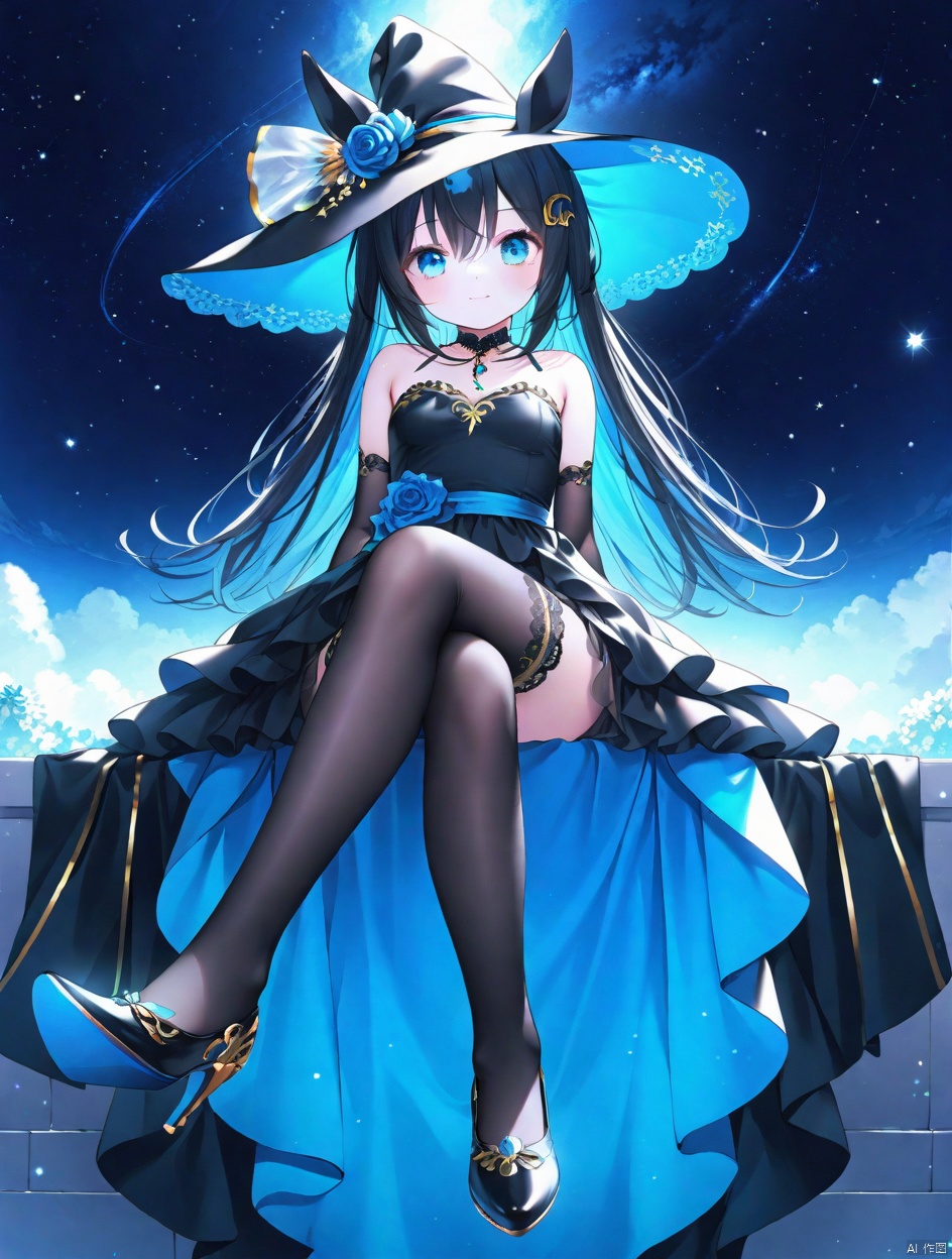  1girl, pleasant, loli, solo, animal ears, (horse ears:1.4), perfect face, round face, (perfect hands), ((black hair)), blue inner color hair, (long straight hair), hair ornament, blue rose, bangs, hair between eyes, ((blue eyes)), closed mouth, gentle smile, witch hat, (halter neck, strapless dress, sleeveless dress, (see-through)), covered breasts, bodystocking, bare shoulder, sleeveless), gown, neck jewelry, lace, elegant, elbow gloves, gold_trim, thighhighs, high heel, full body, sitting in the sky, crossed legs, head slit, small breasts, starry sky, night