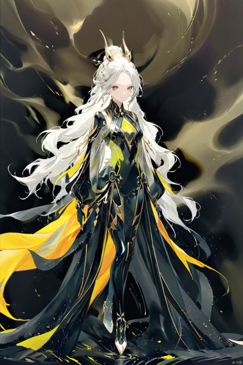  A fashionable woman with white hair, dazzling clothes, beautiful pale face, and a black and gold horse in a semi transparent resin style, futuristic charm, dark black and gold background, color composition, neon bright colors, soft contrast, sculpted clothing, minimalism, full body view