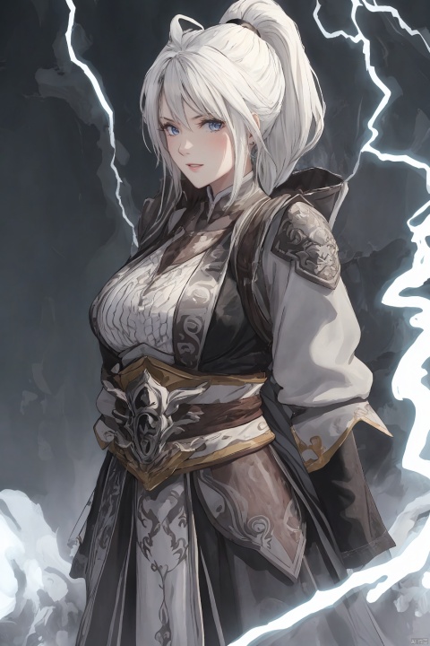  solo,highly detailed,(best quality),((masterpiece)),1girl,white hair,simple_background,long hair,(big_breasts),peiyuhan,(evil smile),upper_body,taunting,(evil),(arms behind back),evil laugh,nsfw, miaoying,ponytail,,((white eyes)),lightning background,from below,
