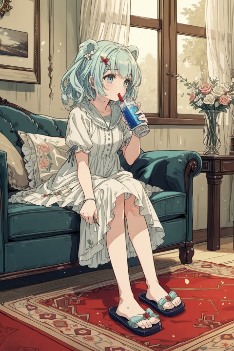  masterpiece, panorama,1 girl, cute, solo focus, long curly hair, light blue hair, happy face, delicate dress, hair spin, ((sitting on sofa)), slippers, a delicate sitting room, deep of field, a photo frame on the wall, velvet curtains, sofa in modern minimalist style, Stuffed toys on the floor,drinking soft drink,((carpet)) on the floor, game consoles scattered on the floor, summer holiday, drinking soft drinks, beautiful flowers around her, backlight, mLD, cozy anime, (\ji jian\), akebi komichi, green eyes, ceobe_(arknights), gummy_(arknights),1girl