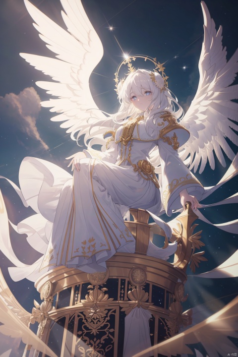  8k, Fluffy White Angel male perched upon golden bejeweled tower in a heavenly utopian city, huge feathery angel wings, glowing nebula eyes, white flowing clouds, ivory armor with diamond gem inlay, trending on artstation, sharp focus, studio photo, intricate details, highly detailed, by tim burton