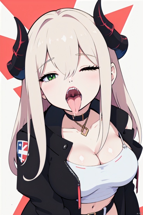  (best quality), ((masterpiece)), (highres), illustration, original, extremely detailed,1girl, solo, power \(chainsaw man\), horns, teeth, closed eyes, white background, tongue, breasts, open mouth, simple background, jacket, hair between eyes, sharp teeth, long hair, tongue out, upper body, red horns, cleavage, pointing at self, medium breasts, demon horns, camisole, pointing, black jacket, crop top, w_(arknights), green eyes,kaldef, Open mouth