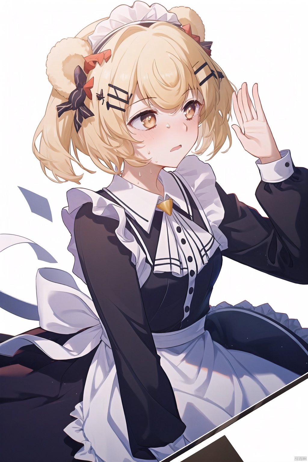 1 girl, gotoh hitori, @ _ @, black dress, cflustered, cube hair accessory, maid apron, raise hand, maid headwear, panic, beads of sweat, single, upper body, dynamic angle, white background, Kal'tsit, gummy_(arknights)