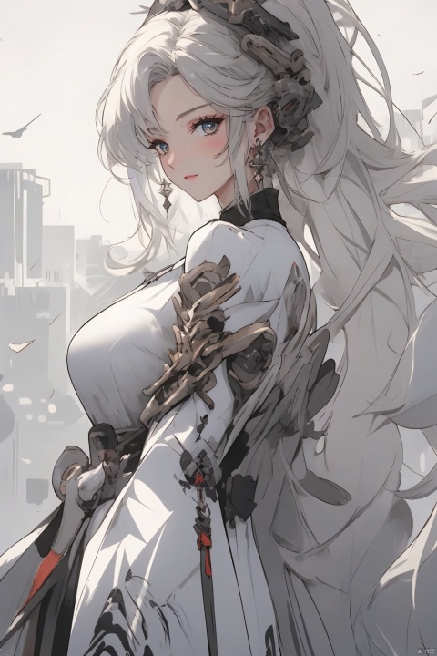  solo,highly detailed,(best quality),((masterpiece)),1girl,white hair,simple_background,long hair,(big_breasts),peiyuhan,(evil smile),upper_body,taunting,(evil),(arms behind back),evil laugh,nsfw, miaoying,ponytail,,((white eyes)),lightning background,from below, chinese armor, midjourney portrait, machinery