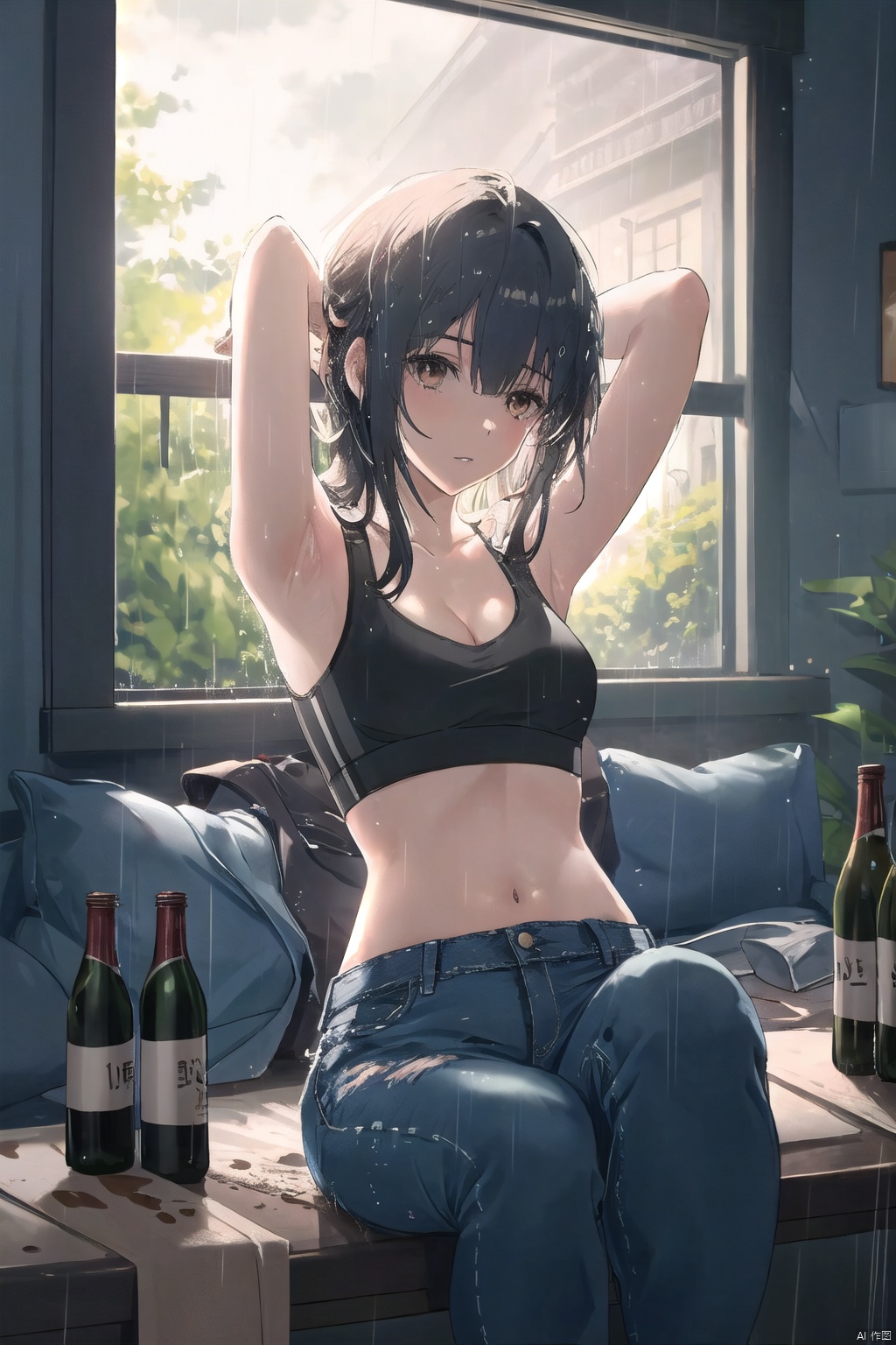  1girl, solo, long hair, breasts, black hair, navel, cleavage, brown eyes, medium breasts, sitting, midriff, pants, indoors, armpits, bra, blurry, arms up, lips, bottle, denim, arms behind head, jeans, sports bra, realistic,(rainning:1.3), ((poakl)), w_(arknights)