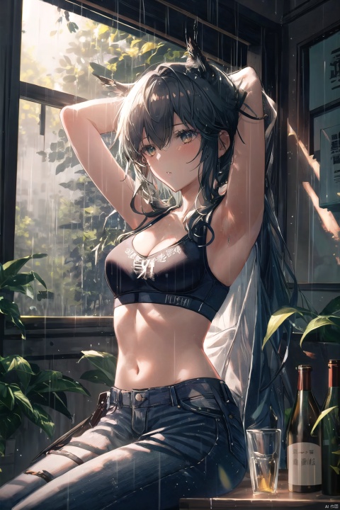  1girl, solo, long hair, breasts, black hair, navel, cleavage, brown eyes, medium breasts, sitting, midriff, pants, indoors, armpits, bra, blurry, arms up, lips, bottle, denim, arms behind head, jeans, sports bra, realistic,(rainning:1.3), , green eyes, ((poakl)), zcshinkai\(\style\), gummy_(arknights), meiren-red lips, oyama_mahiro, girl, texas_the_omertosa_(arknights)