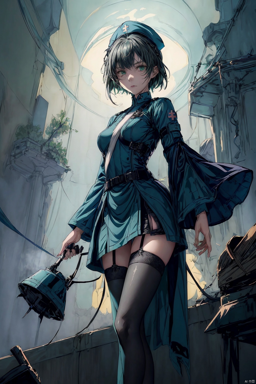  A woman wearing military medical attire, blue-green nurse uniform, medium length short hair, gloomy and angry expression, blue nurse hat, beautiful anime portrait, black stockings, five toes, foot vision, trampling perspective, being stepped on, digital anime illustration, beautiful anime style, fantasy medical worker, anime illustration, anime fantasy illustration, beautiful character painting, pop art, (\ personality \), w_ (Arknights), 1 girl, green eyes, (trampling), ((poakl)),(双手插在口袋)