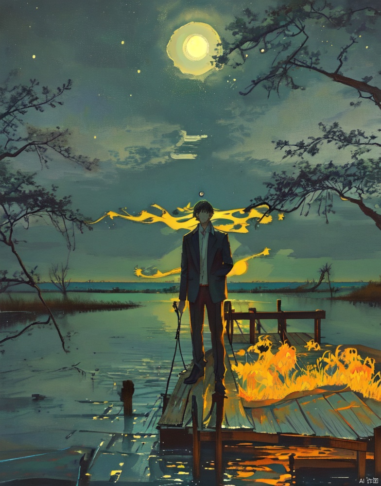 ink splashes, drips, surreal, a man standing on a dock in swampy wetlands, at a distance, moonlit, lonely,
, mLD
