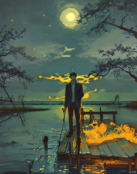  ink splashes, drips, surreal, a man standing on a dock in swampy wetlands, at a distance, moonlit, lonely,
, mLD