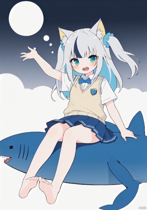 masterpiece,best quality,illustration,ultra detailed,hdr,Depth of field,(colorful),[Artist chen bin],1girl, soles, toes, gawr gura, virtual youtuber, fish tail, shark tail, feet, shark girl, barefoot, fins, tail, blue eyes, solo, foot focus, teeth, multicolored hair, blue hair, hair ornament, foreshortening, streaked hair, sharp teeth, skirt, white background, open mouth, yellow vest, sitting, simple background, blush, sweater vest, full body, blue skirt, grey hair, short sleeves, shirt, spread toes, official alternate costume, one side up, looking at viewer, legs, blunt bangs, school uniform, white shirt, scrunchie, toenails, white hair, pleated skirt, long hair, medium hair, yellow sweater vest, Kal'tsit, green eyes