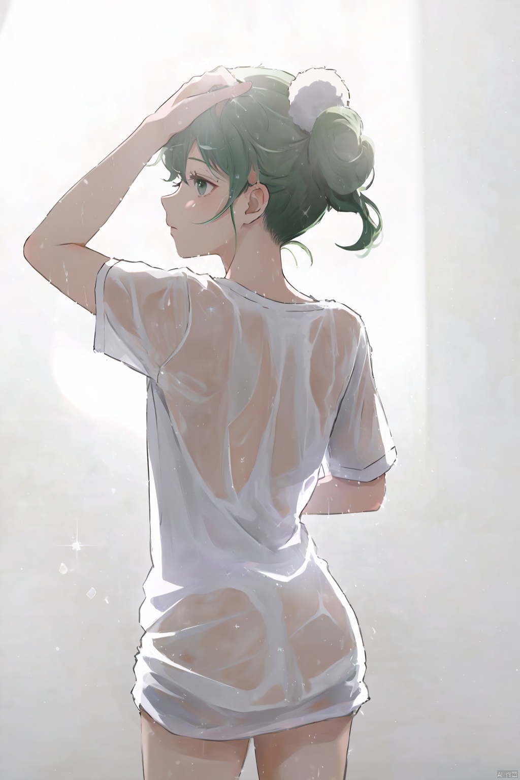  1 girl, focus, solo, looking back, looking from behind, taking off clothes, shirt, white background, white shirt, looking at the audience, green eyes, boyfriend, cozy anime, See thru wet T shirt, soft