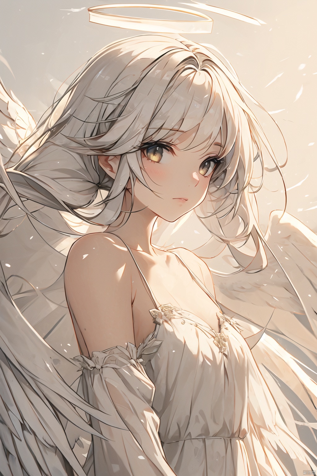  best quality, amazing quality, very aesthetic,1girl, solo, wings, long_hair, dress, white_hair, twintails, halo, very_long_hair, looking_at_viewer, white_wings, black_background, white_theme, feathered_wings, full_body, white_dress, simple_background, bangs, angel_wings, low_wings, head_wings, bare_shoulders, angel, crown, closed_mouth, multiple_wings, white_eyes, floating