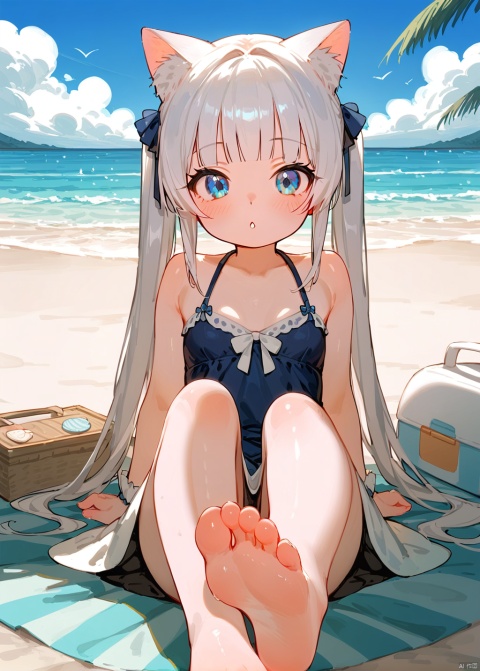  score_9_up,score_8_up,score_7_up,1girl,(loli),solo,white cat ears,white hair,bangs,twintails,(blue eyes:1.3),white_dress,in summer,fair_skin,small breasts,hime cut,sitting,blush,soles,looking at viewer,seaside,front_view, loli