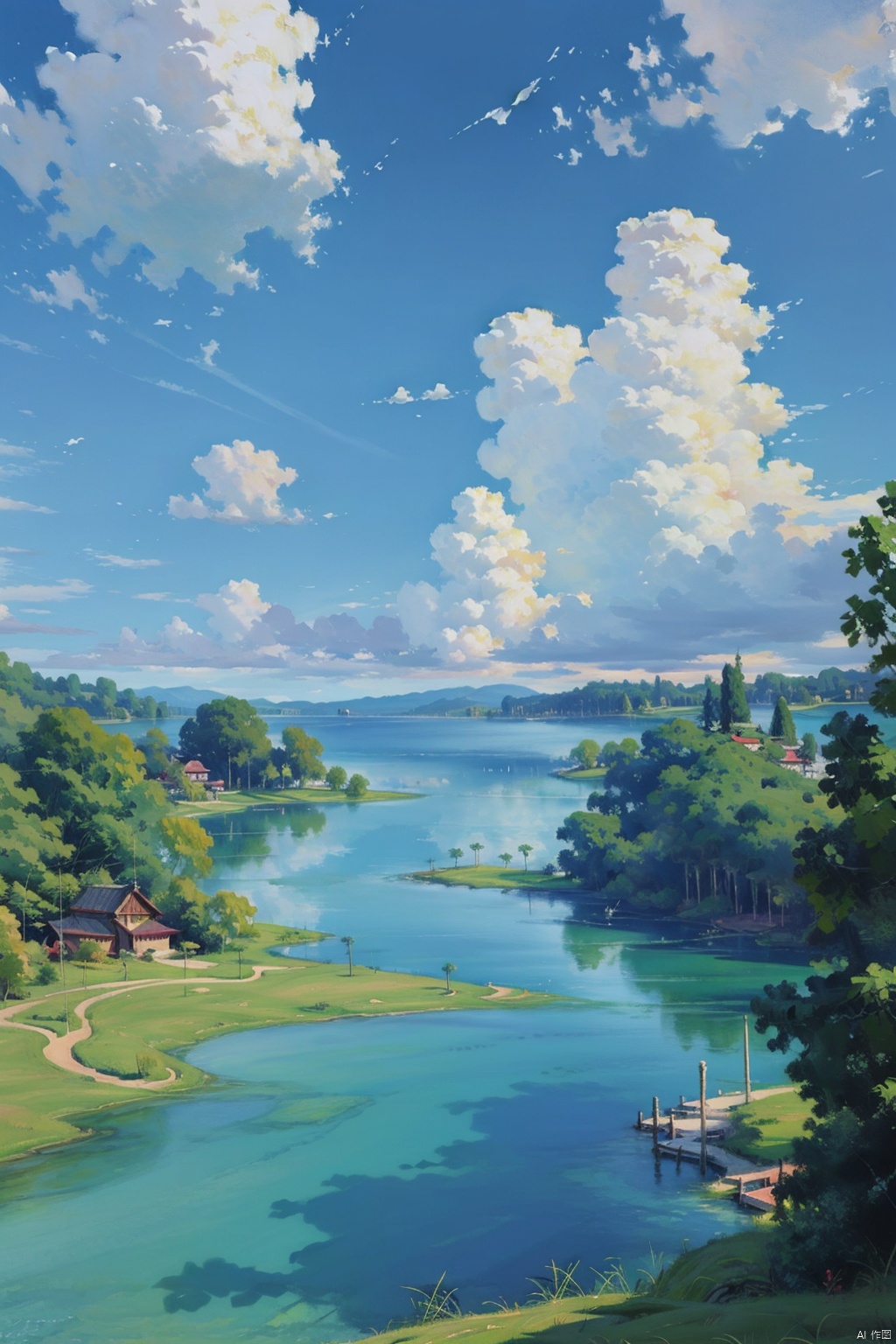  (best quality,masterpiece, original, extremely detailed 8K wallpaper)((absurdres)),(ultra-detailed),The shimmering lake water, the sky filled with clouds. Reminiscent of a Monet painting with a touch of Studio Ghibli style, featuring high saturation, a scenic lake view, fluffy clouds, natural light, wide-angle lens, stillness, and tranquility., cozy anime, watercolor, bichu, 2D ConceptualDesign