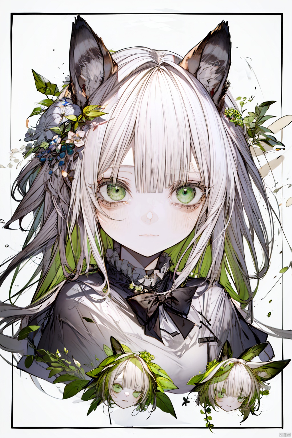 [(white background:1.4)::4], solo, traditional media, sketch, (wooden border:1.32),
solo, 1girl, elf, (chibi:1.3),
green eyes, (white hair), (long hair), (blunt bangs), floating hair, green gradient hair,
frilled shirt, black bowtie, long sleeves, white capelet,
upper body, (cropped torso),
looking at viewer, expressionless,
white background, fantasy, aster, garden, green leaves, fflogo, Frieren at the Funeral, ceobe_(arknights)